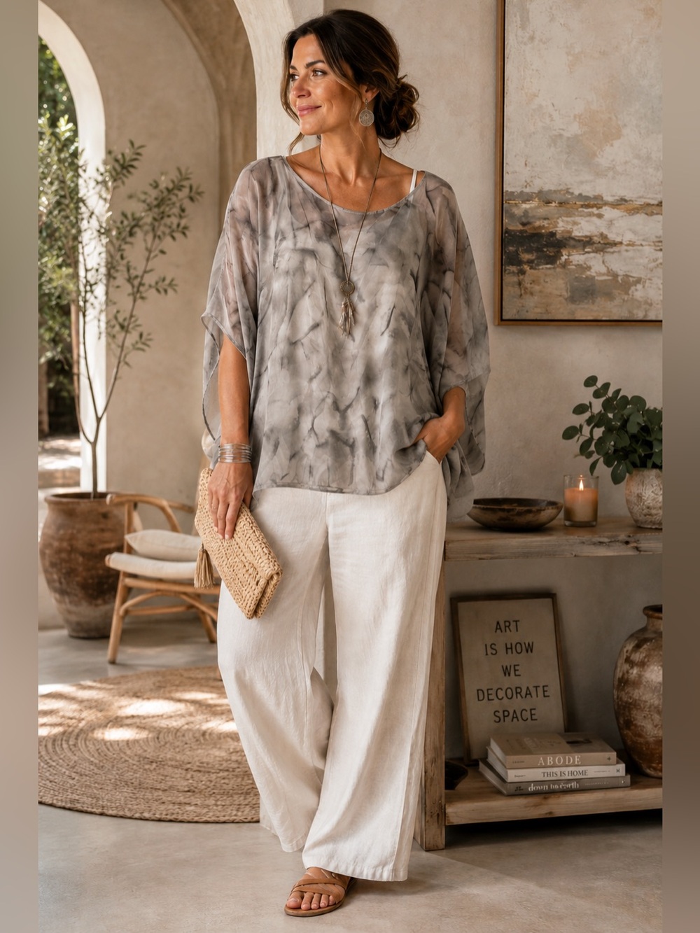 Handmade Wearable Art Sheer Kaftan Top Gray Cream Batik One Size Artisan Boho